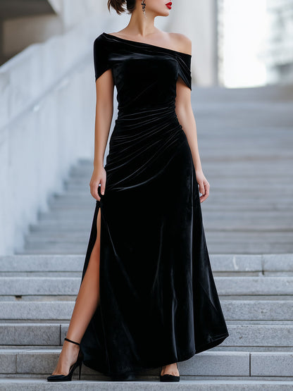 Asymmetric One-Shoulder Velvet Gown With Ruched Detailing