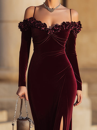 Velvet Off-Shoulder Rose Embellished Gown In Burgundy