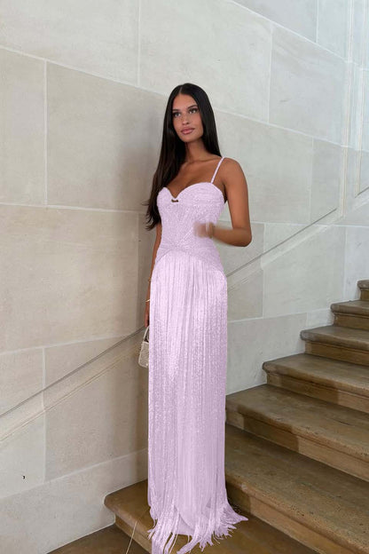 Spaghetti straps Sleeveless Long Prom Dress With Beading Tassel