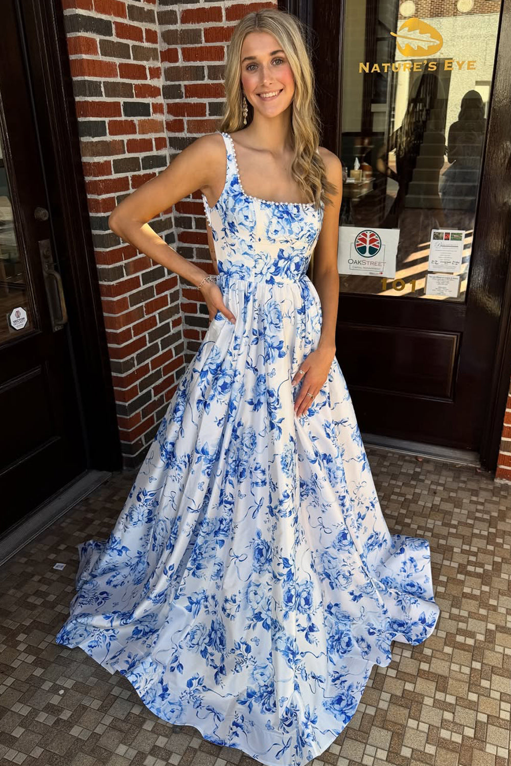 Charming A Line Square Neck Floral Satin Prom Dress with Pearls