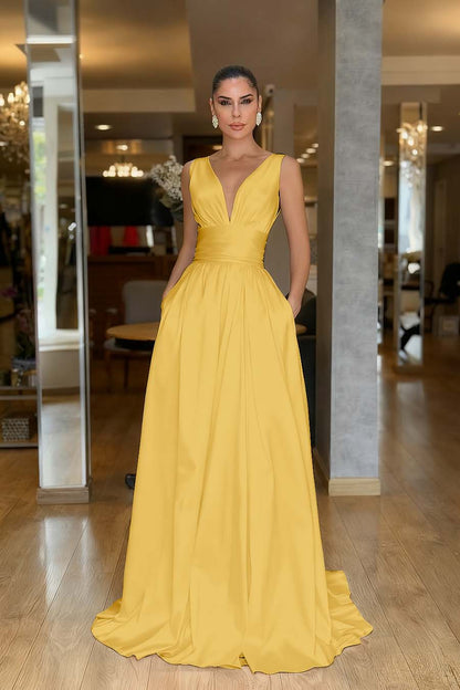 Sleeveless High Waist Long Prom Dress With Pockets Pleated