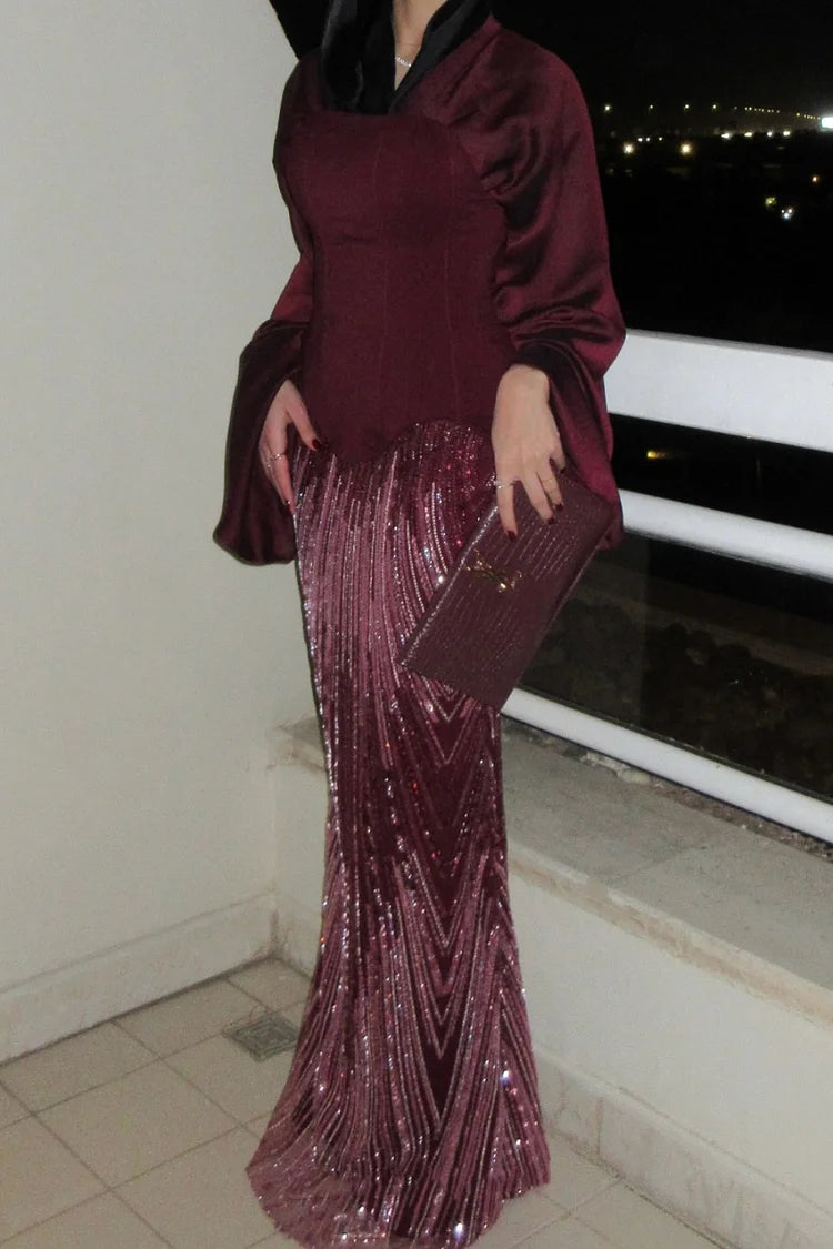 Sequin Embroidery Corset V Neck Bell Sleeve Party Maxi Dress