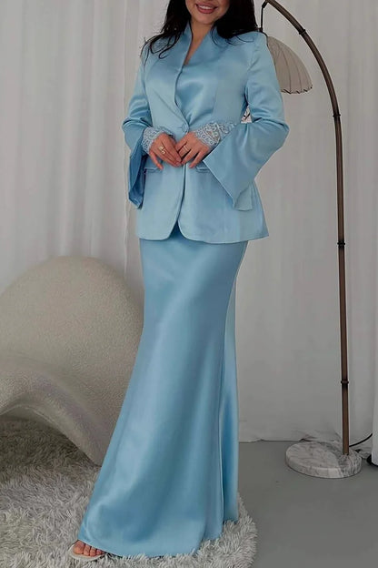 V Neck Slit Long Sleeve Blazer Solid Color Satin Maxi Dress