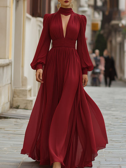 VOS LEE High-Neck Pleated Chiffon Evening Gown