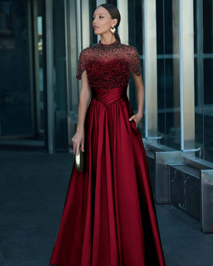 High-Neck Short Sleeves Long A-Line Pleated Prom Dress With Pockets And Beadings