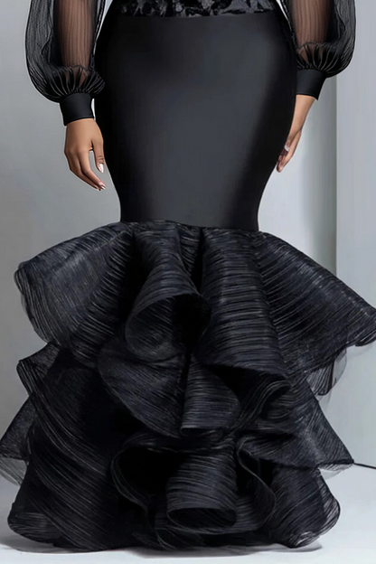 Formal Organza Black Round Neck Lantern Sleeve Long Sleeve Mermaid Elegant Maxi Dress