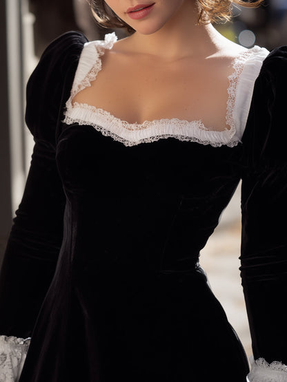 Black Velvet Mini Dress With Lace Trims