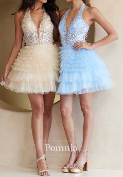 Spaghetti Straps V-Neck Appliques Ruffles Homecoming Dress