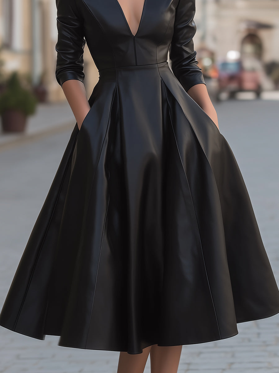 Elegant Deep V-Neck Faux Leather Pleated A-Line Midi Dress