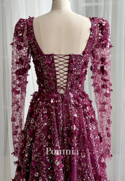 A-Line Long Sleeves Scoop Floral Appliques Evening Dress