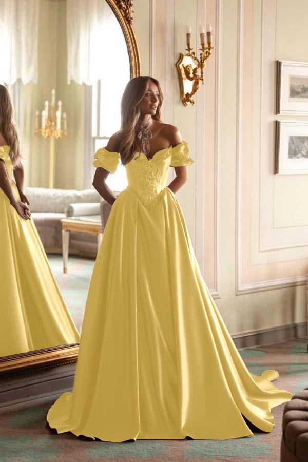 Short Sleeves Long A-Line Prom Dress With Embroidered And Pleated