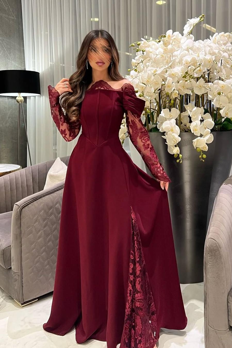 Off the Shoulder Long Sleeves Long Prom Dress With Appliques