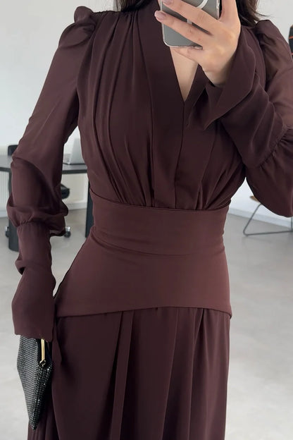 Pleated V Neck Puff Shoulder Long Sleeve Party Maxi Dress