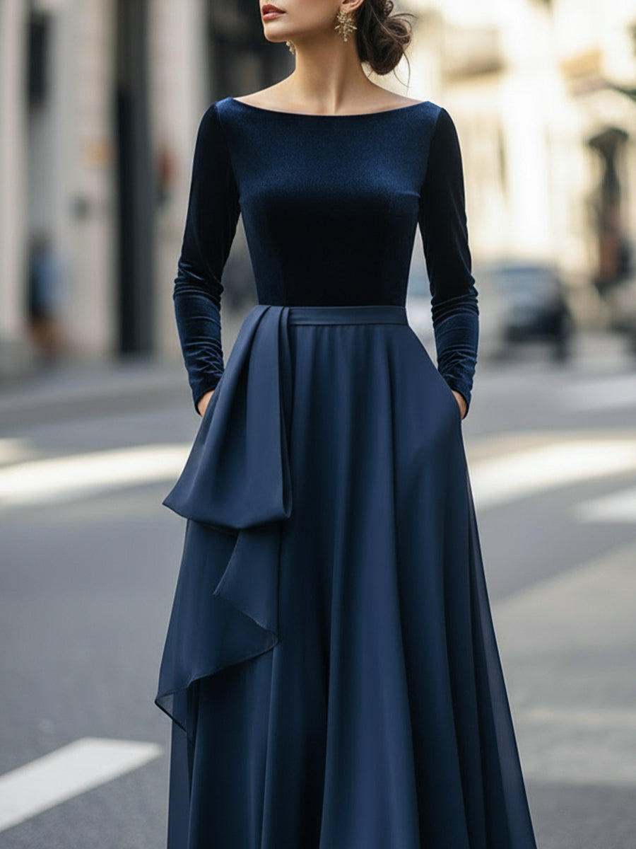 Velvet And Chiffon Evening Gown With Ruffle Detail