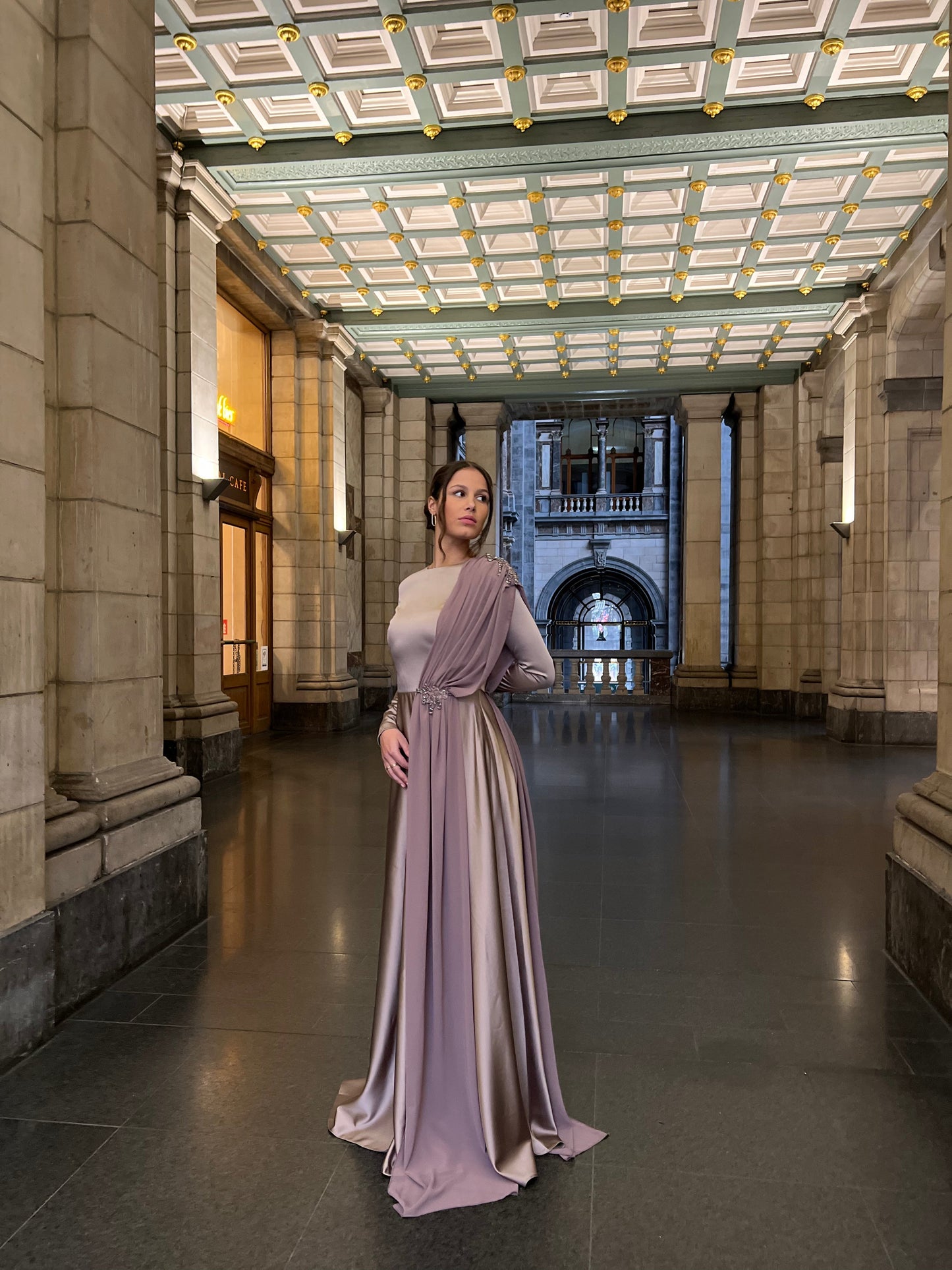 Purple Bateau Neck Long Sleves Back Zipper Formal Evening Gown