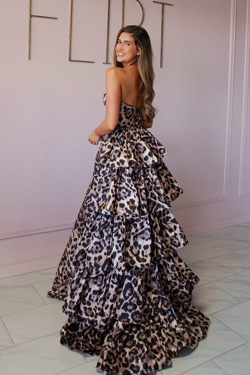 Off-Shoulder Floor-Length Leopard Print-Chiffon A-Line Prom Dress