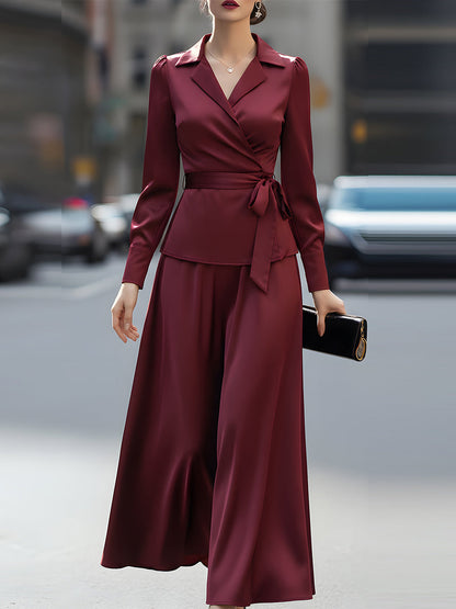 Burgundy Satin Wrap Blouse & Skirt Set