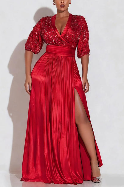 Red Wrap Neck Puff Sleeve Half Sleeve Split Elegant Contrast Sequin Maxi Dress