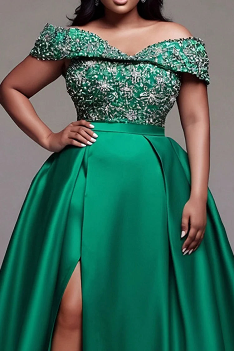 Green Off The Shoulder Short Sleeve Split Elegant Satin Maxi Dress