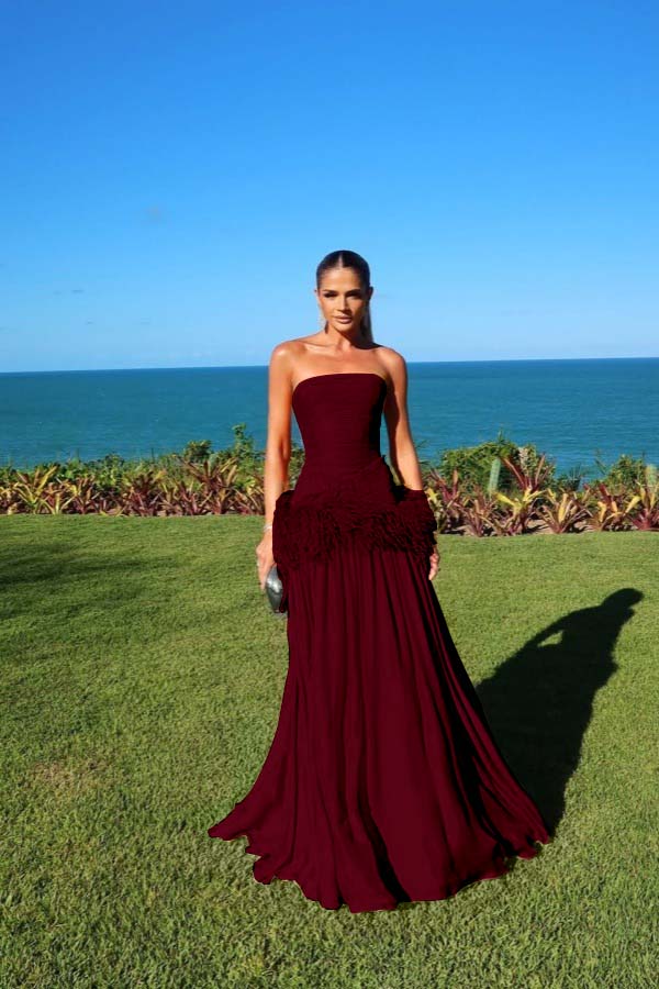 Chiffon Strapless Sleeveless Long A-Line Prom Dress With Pleated And Feathers