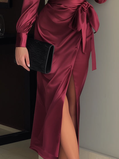 Burgundy Satin Wrap Gown With Waist Tie