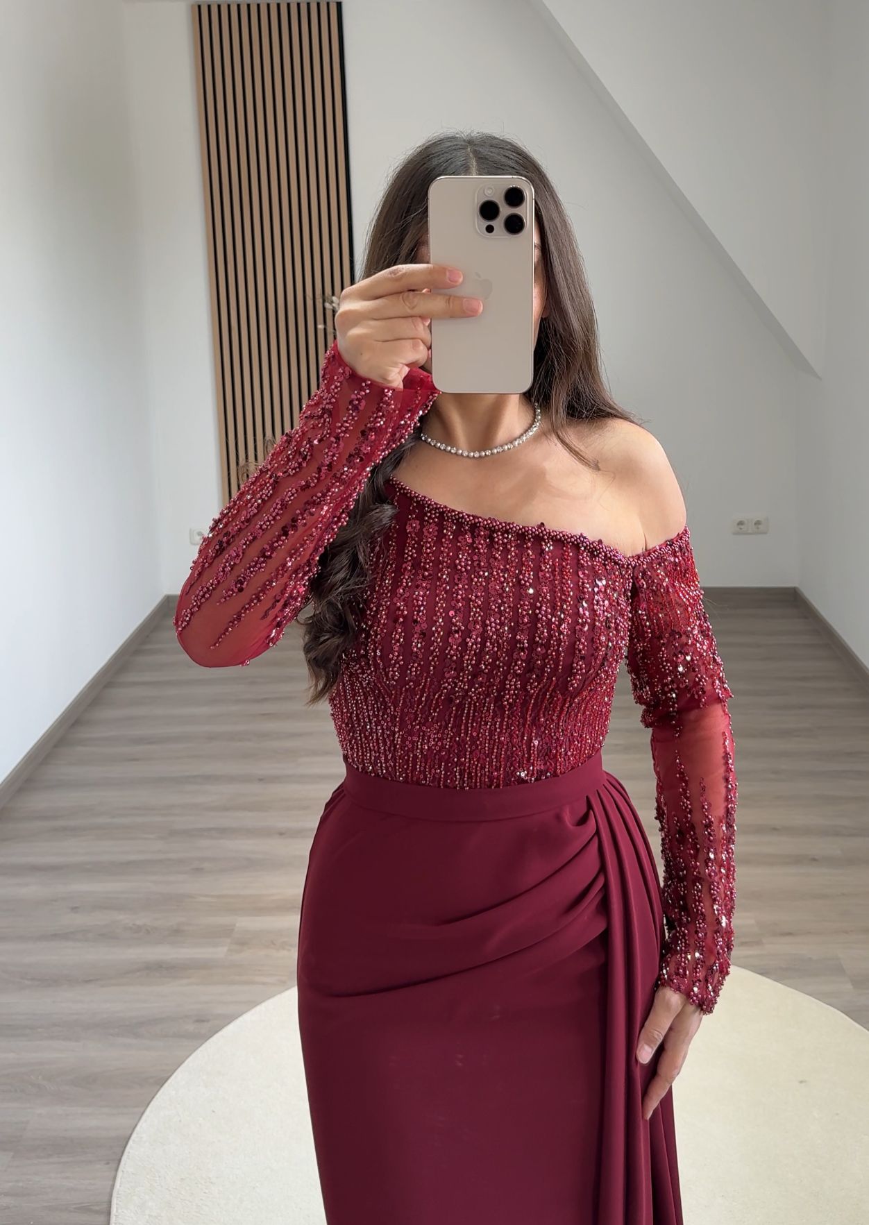 Long Sleeves Off-Shoulder Empire-Waist Evening Dress