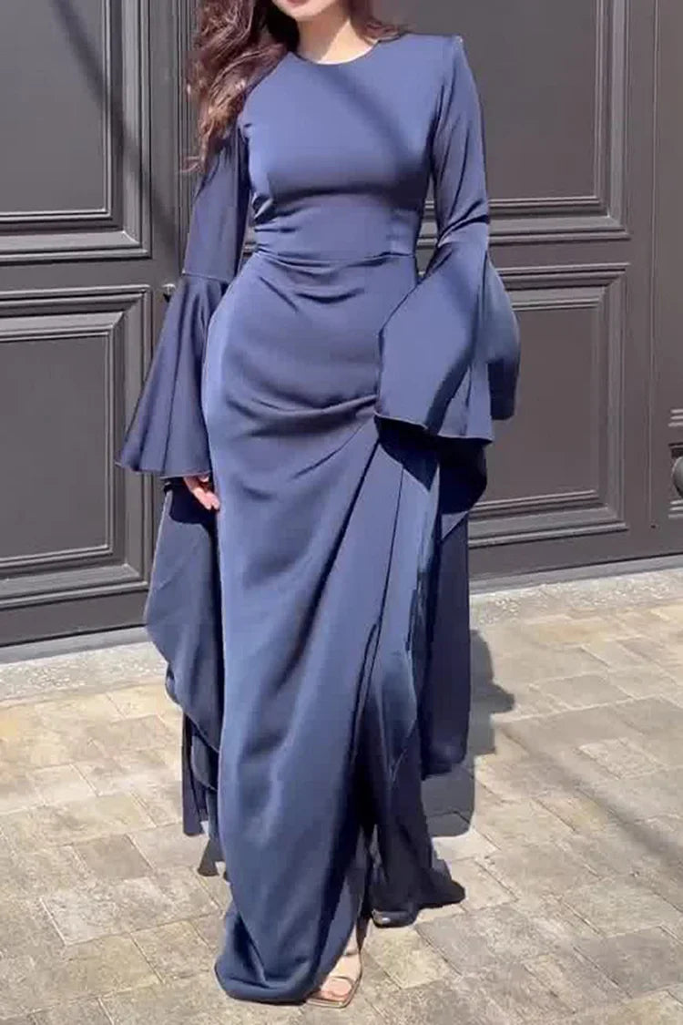 Irregular Flare Sleeve Round Neck Solid Color Maxi Dresses