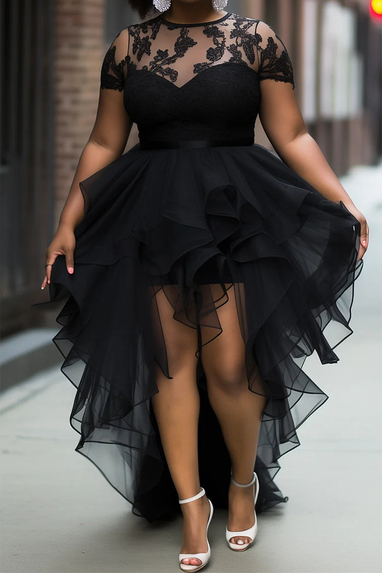 Cocktail Party Black Round Neck Short Sleeve High Low Hem Ruffle Tulle Mini Dress
