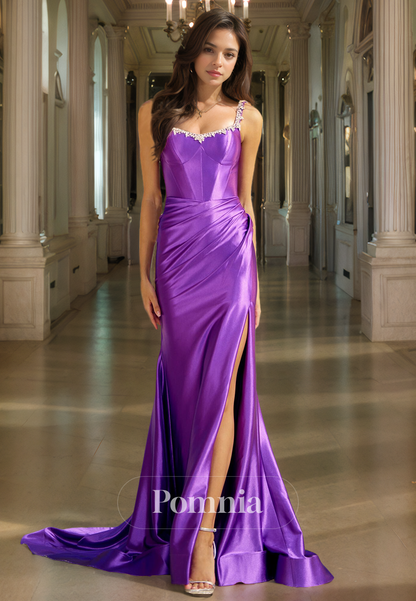 Mermaid/Trumpet Straps Sleeveless Pleated Side Slit Long Prom Dress