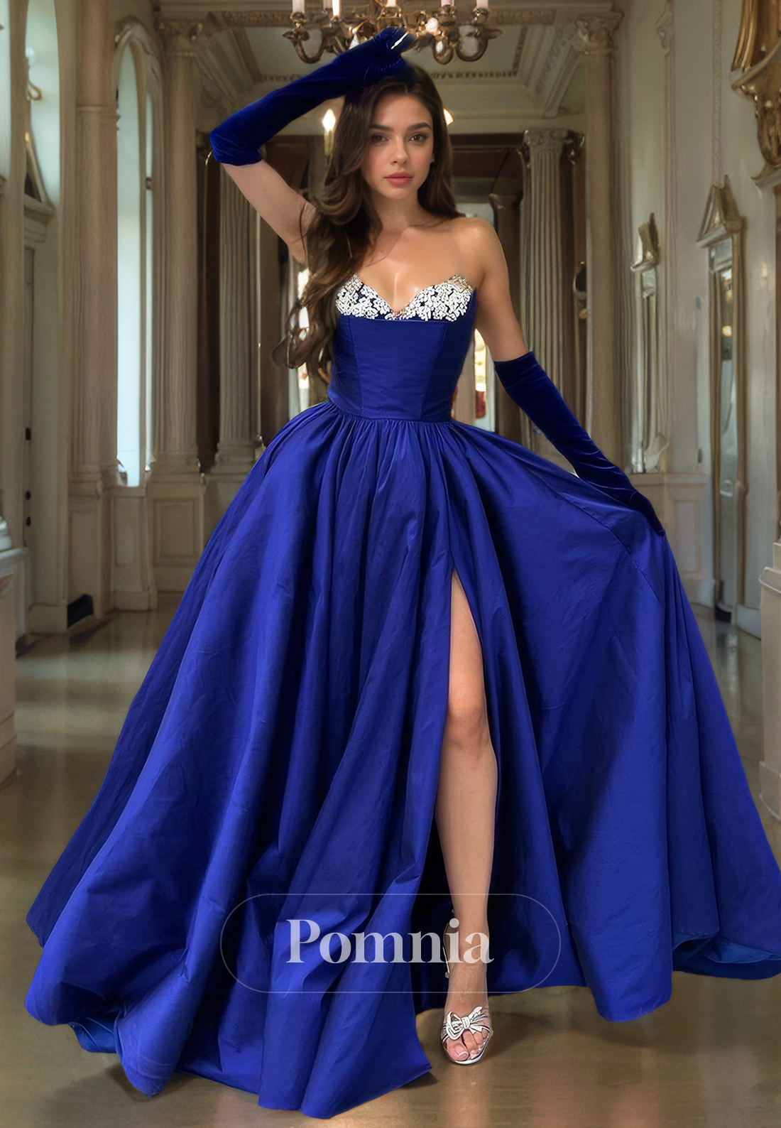 A-Line Off-Shoulder Empire-Waist Beaded High Slit Pleated Long Prom Dress