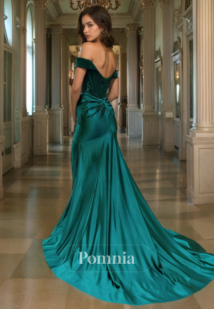 P1256 - Off-Shoulder Scoop High Slit Satin Mermaid Evening Prom Dress