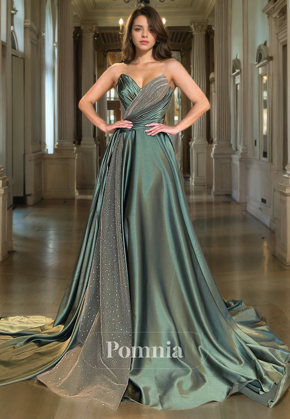 A-Line Off-Shoulder V-Neck Sleeveless Empire-Waist Pleated Long Prom Dress