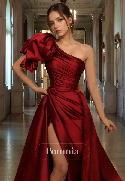 A-Line Empire-Waist One Shoulder Pleated High Slit Satin Long Prom Dress