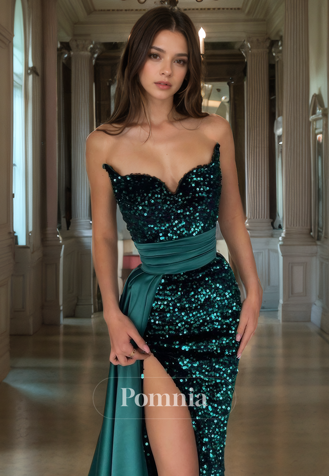 Off-Shoulder V-Neck Sleeveless Sequined Side Slit Empire-Waist Long Prom Dress