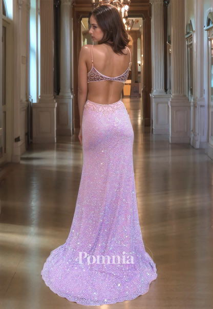 Mermaid/Trumpet V-Neck Straps Sleeveless Sequined Long Prom Dress with Slit