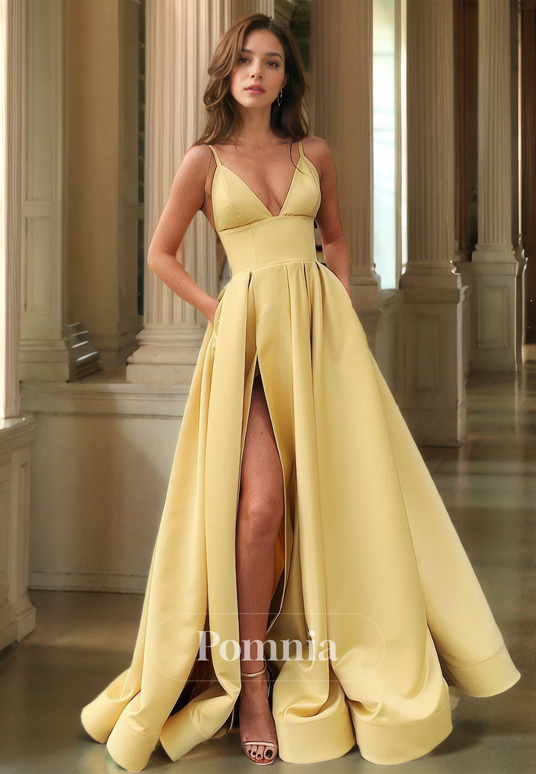 A-Line Spaghetti Straps V-Neck Empire-Waist Sleeveless Satin Long Prom Dress with Slit