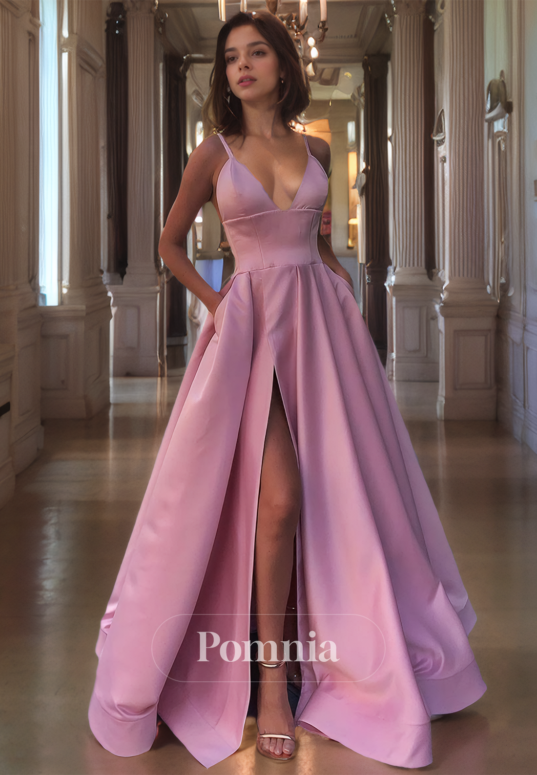 A-Line Spaghetti Straps V-Neck Empire-Waist Sleeveless Satin Long Prom Dress with Slit