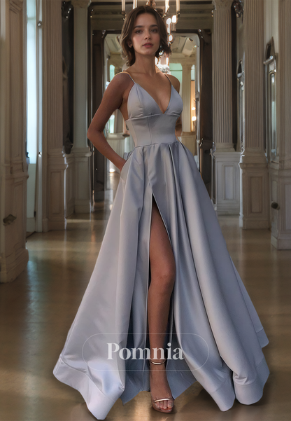 A-Line Spaghetti Straps V-Neck Empire-Waist Sleeveless Satin Long Prom Dress with Slit