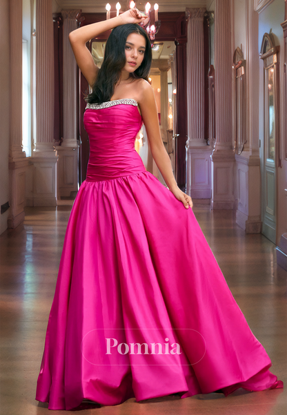 A-Line Off-Shoulder Empire-Waist Sleeveless Beaded Pleated Long Prom Dress