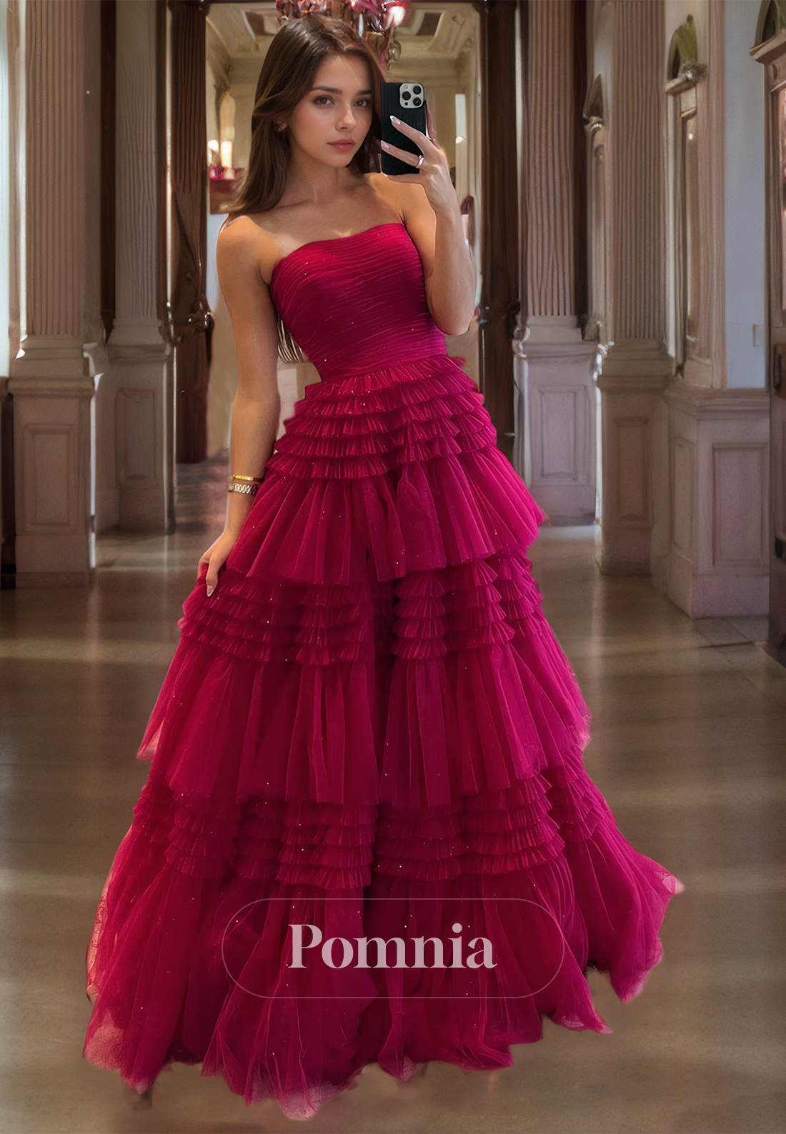 Off-Shoulder A-Line Empire-Waist Sweetheart Sleeveless Tiered Tulle Long Prom Dress