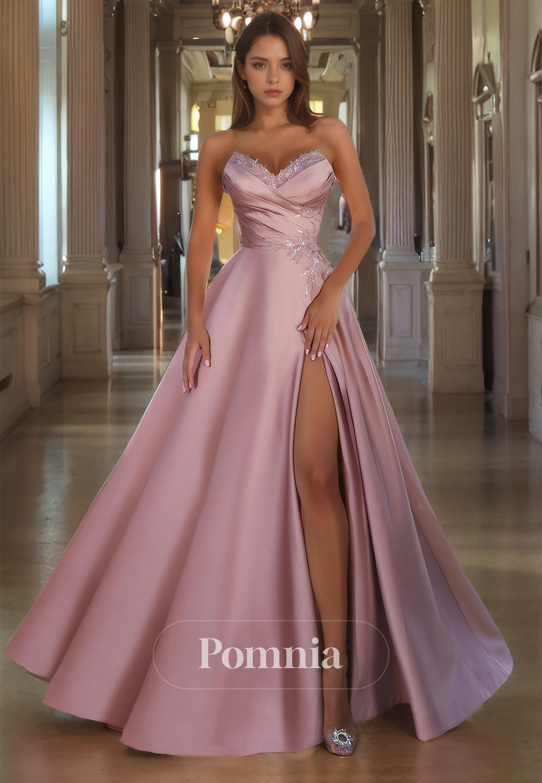 A-Line Off-Shoulder Empire-Waist V-Neck Sleeveless Pleated Satin Long Prom Dress