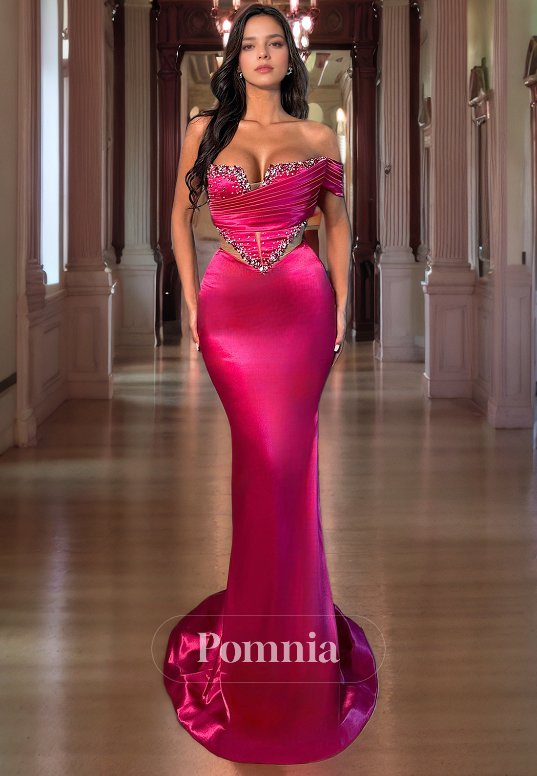 Off-Shoulder V-Neck Sleeveless Beaded Mermaid/Trumpet Long Prom Dress