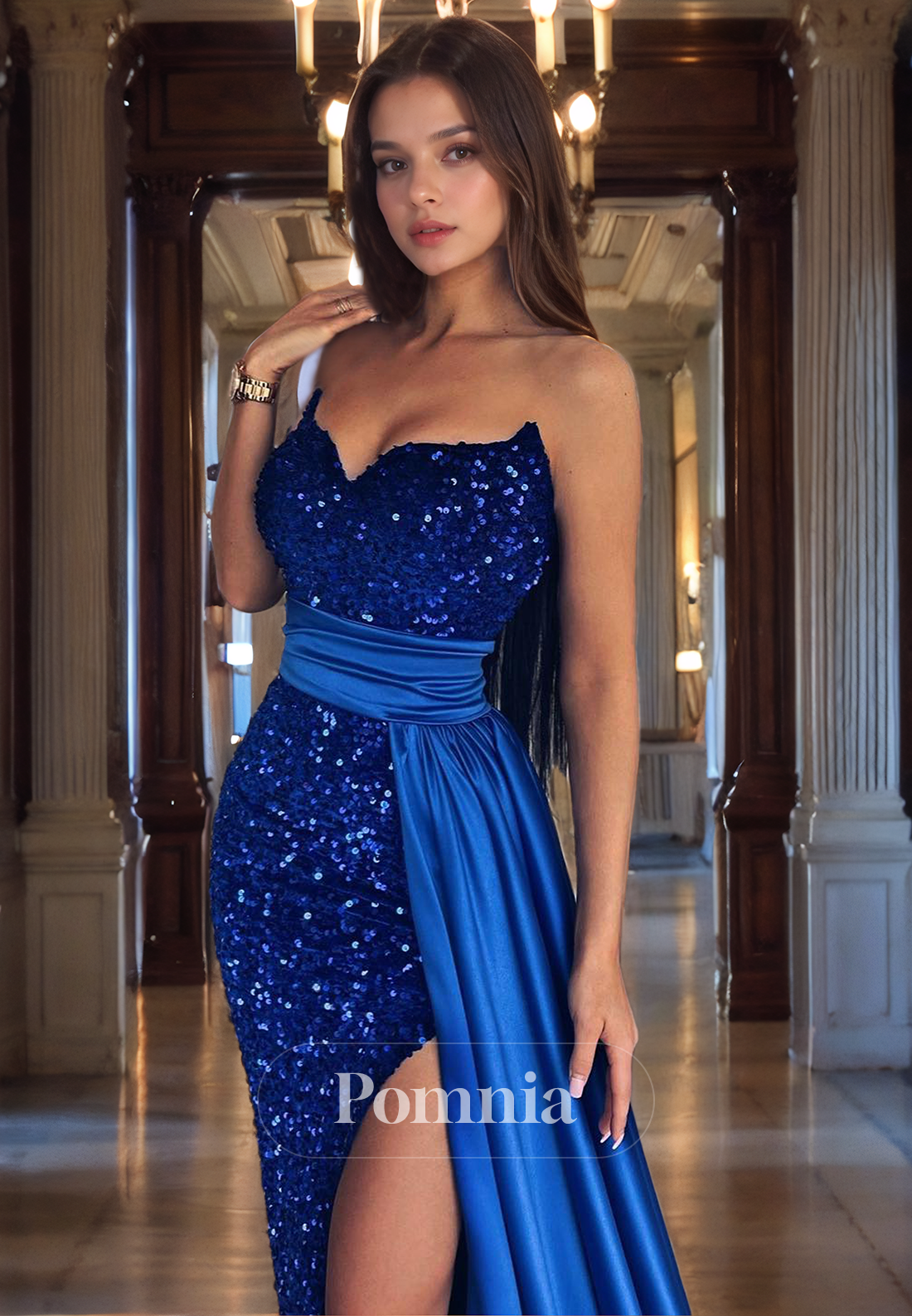 Off-Shoulder V-Neck Sequined Sleeveless Side Slit Long Prom Party Dress