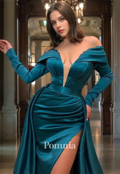 A-Line Long Sleeves Empire-Waist Deep V-Neck Satin Pleated Prom Dress with Slit