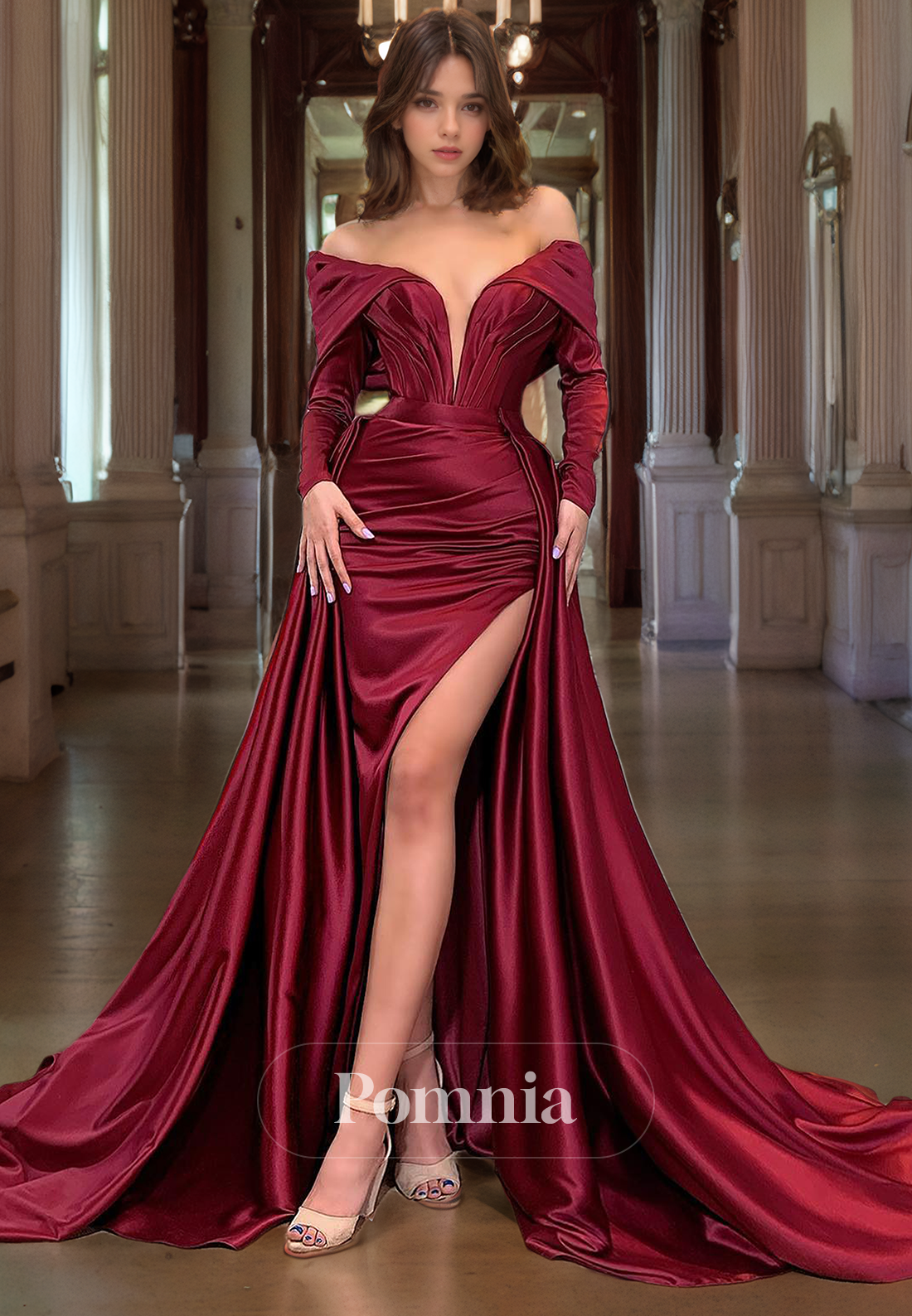 A-Line V-Neck Empire-Waist Long Sleeves Pleated Long Prom Dress with Slit