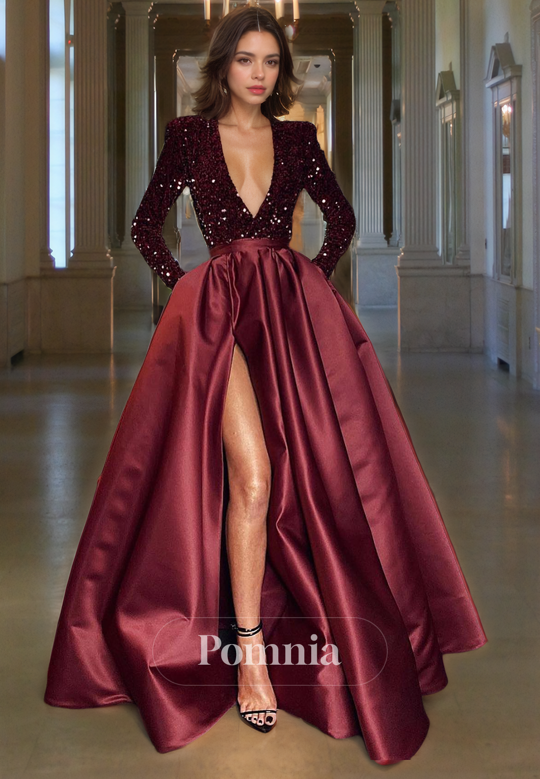 A-Line Empire-Waist V-Neck Long Sleeves Satin Pleated Long Prom Dress with Slit