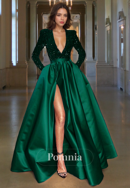 A-Line Empire-Waist V-Neck Long Sleeves Satin Pleated Long Prom Dress with Slit