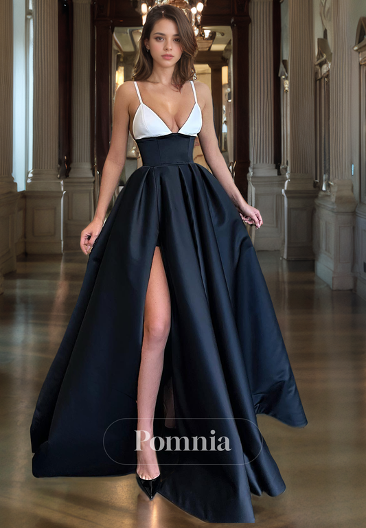 A-Line Spaghetti Straps V-Neck Empire-Waist Sleeveless Long Prom Dress with Slit