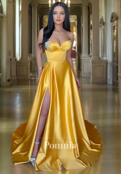 A-Line Off-Shoulder Empire-Waist Sleeveless Pleated Satin Long Prom Dress with Slit