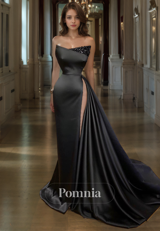 A-Line Off-Shoulder V-Neck Empire-Waist High Slit Pleated Long Prom Dress